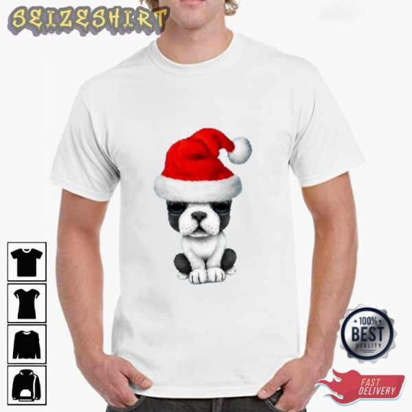 Dog Wearing Santa Claus Hat Christmas T-Shirt
