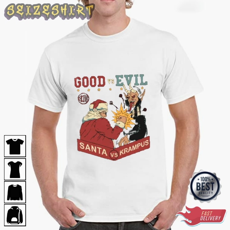 Good vs Evil and Santa vs Krampus Christmas Graphic Tee