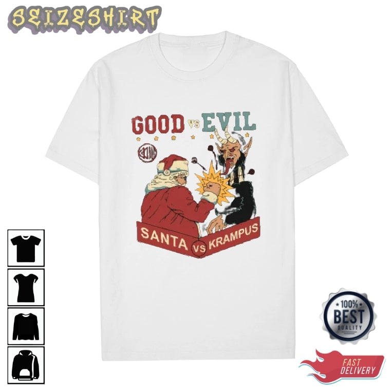 Good vs Evil and Santa vs Krampus Christmas Graphic Tee