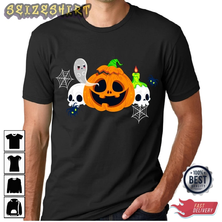 Halloween Skeleton and Spider Pumpkin Face Shirt
