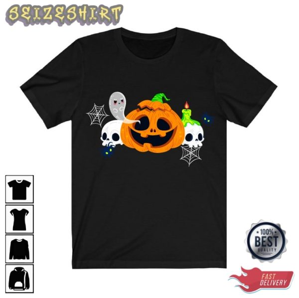 Halloween Skeleton and Spider Pumpkin Face Shirt