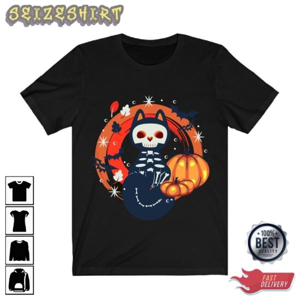 Pumpkin Cat Skeleton And Bat Halloween T- shirt