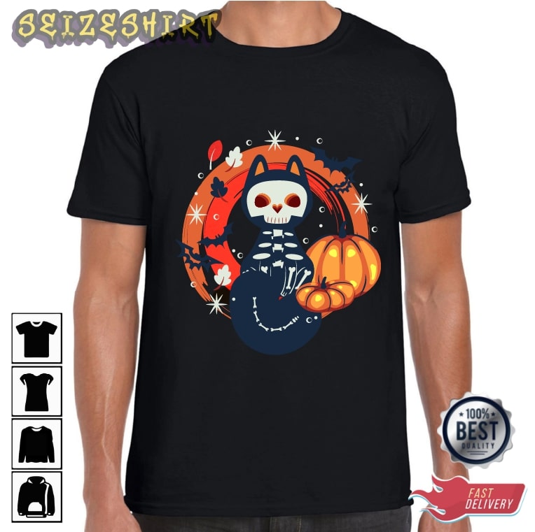 Pumpkin Cat Skeleton And Bat Halloween T- shirt