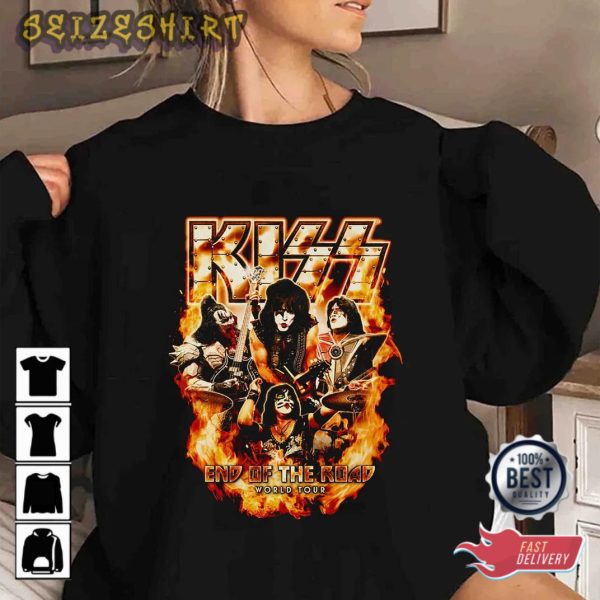 KISS End Of The Road World Tour Fire Flames Rock And Roll Merch T-Shirt