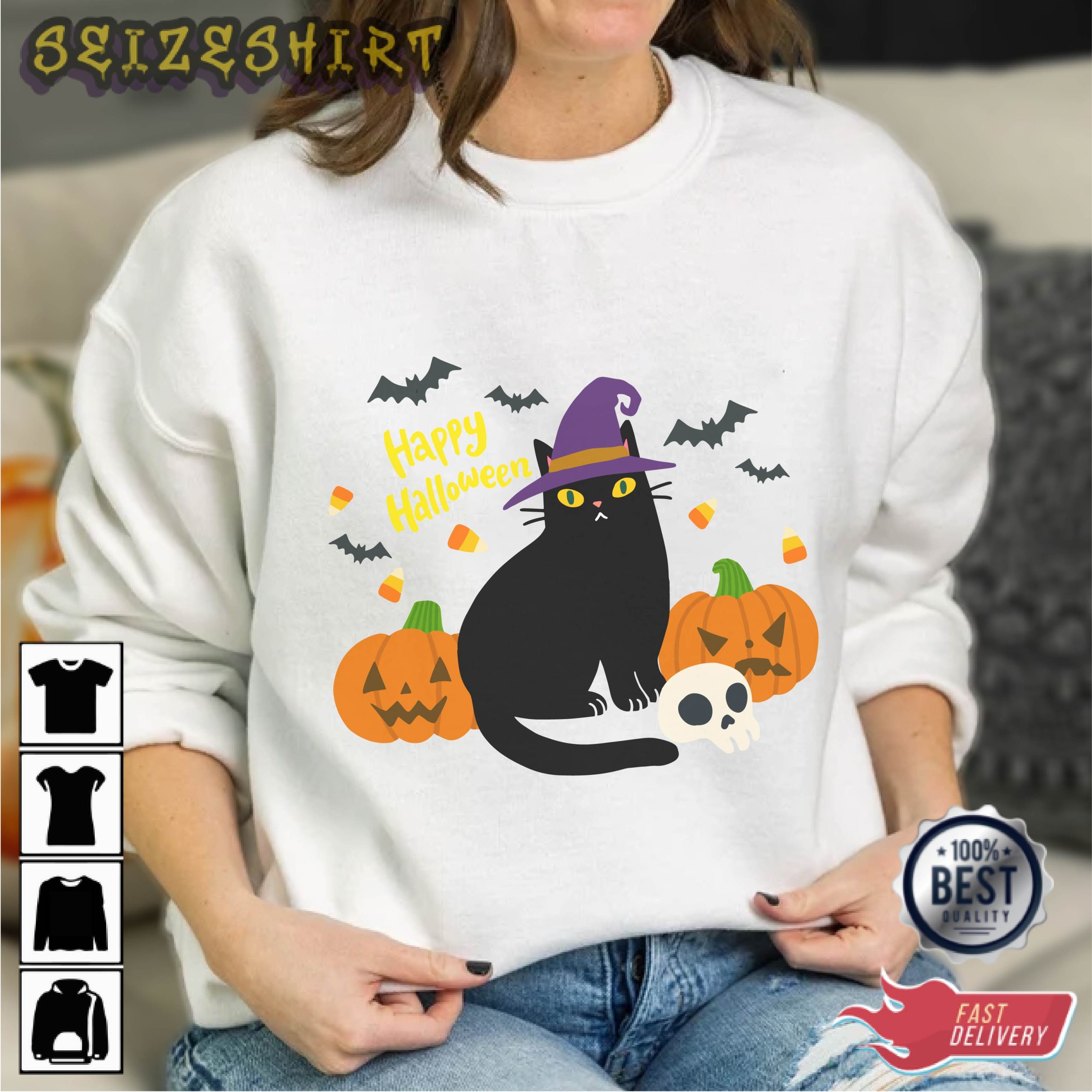 Black Cat Wear Hat Pumpkin Halloween Graphic Tee