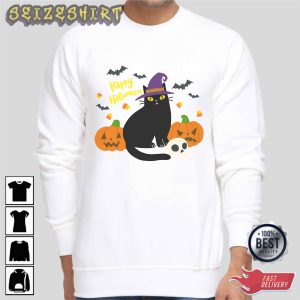 Black Cat Wear Hat Pumpkin Halloween Graphic Tee