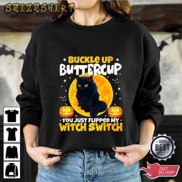 Happy Halloween Cute Black Cat Witch Switch Graphic T-Shirt