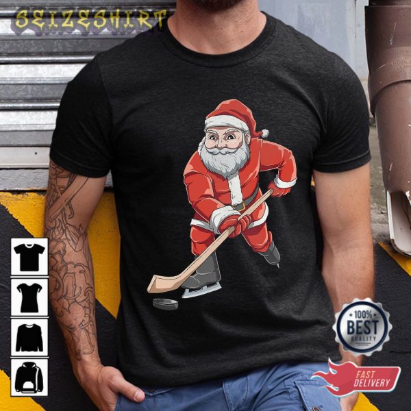 Santa Playing Hockey Christmas Gift For Hockey Players T-Shirt