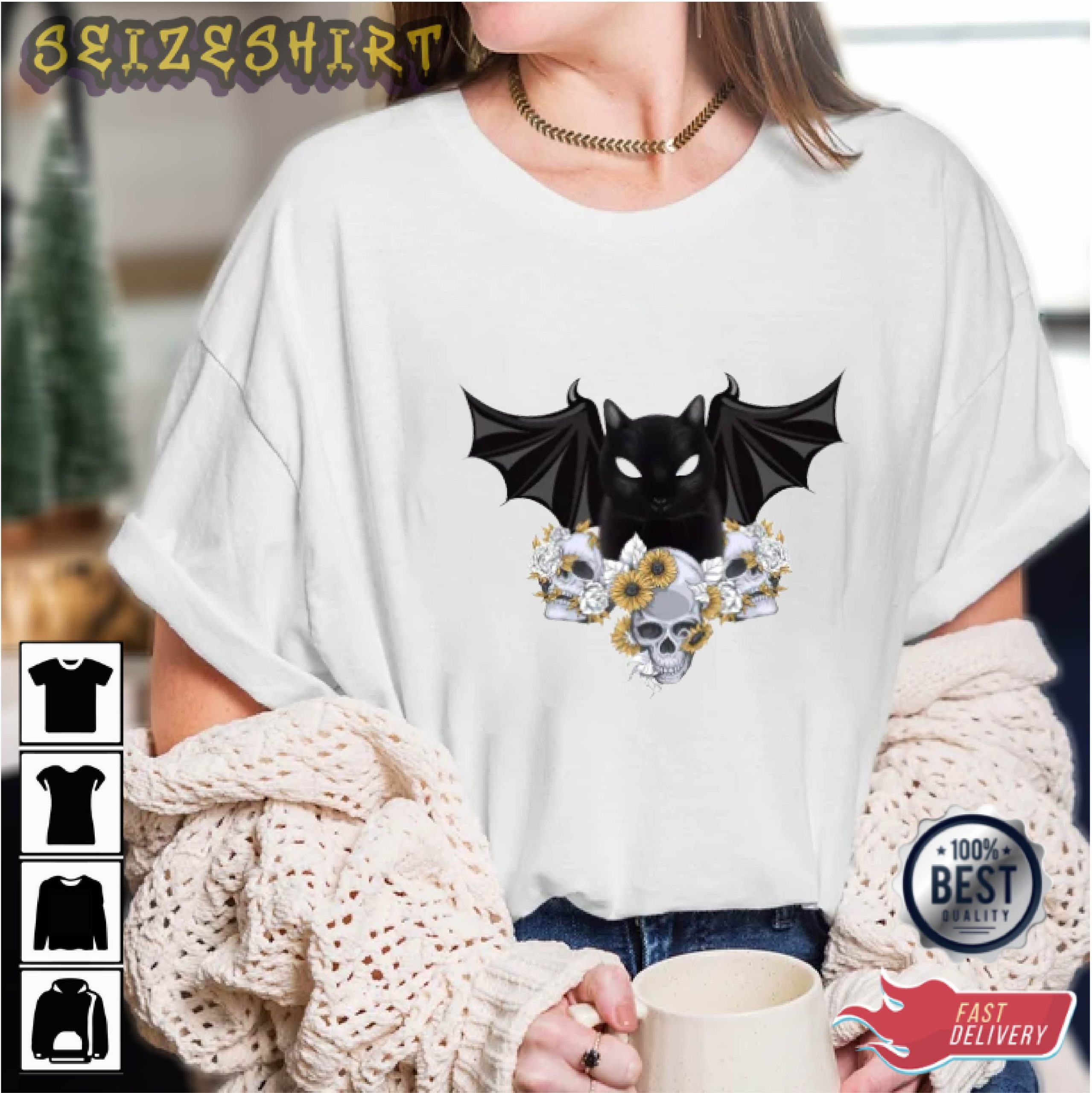 Halloween Bat Cat On Skeleton Graphic Tee