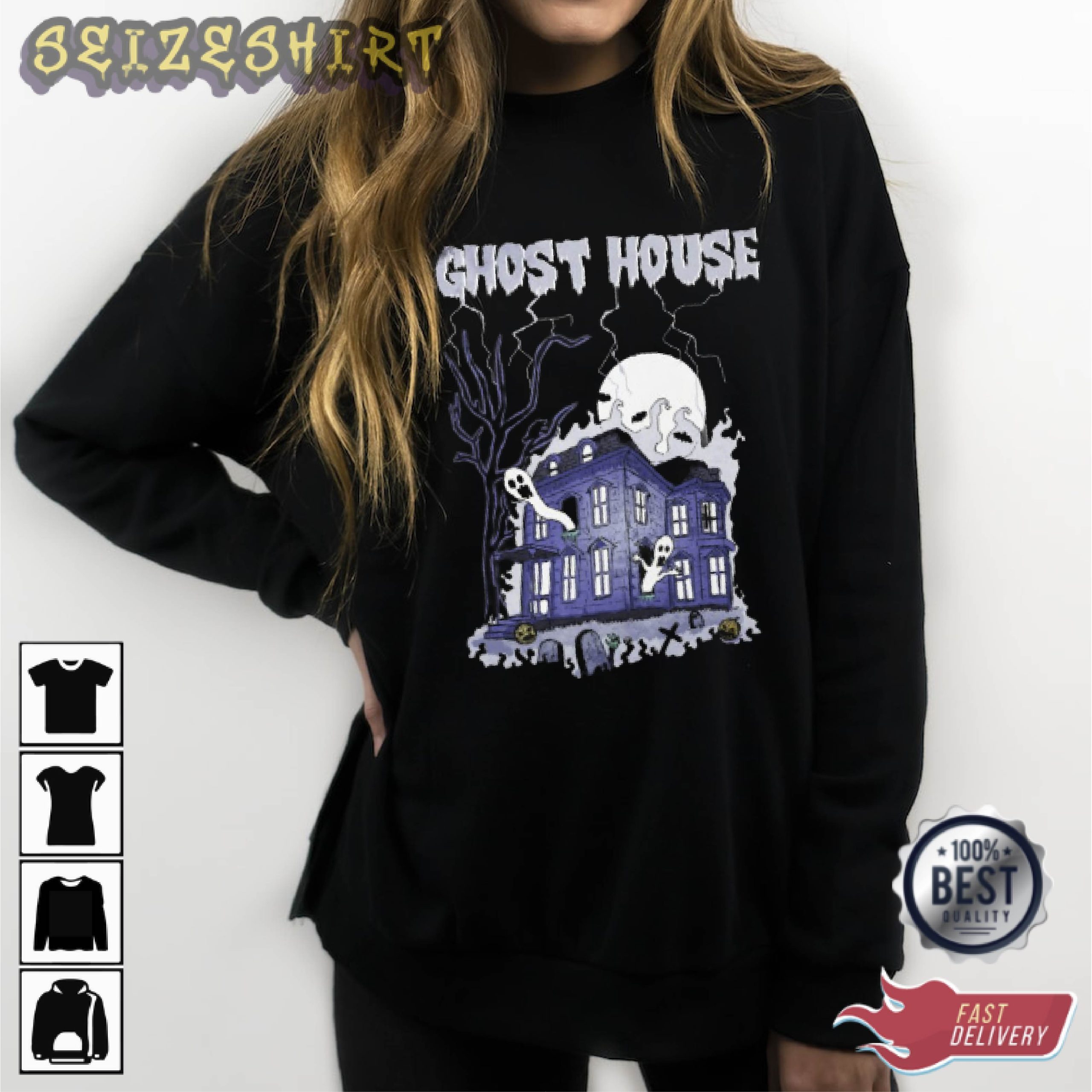 Ghost House Scary Halloween Best Graphic Tee Long Sleeve Shirt