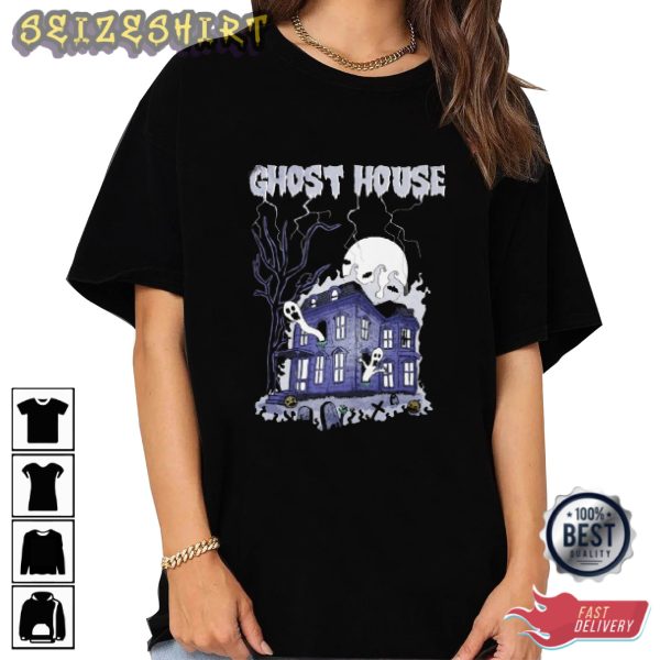 Ghost House Scary Halloween Best Graphic Tee Long Sleeve Shirt