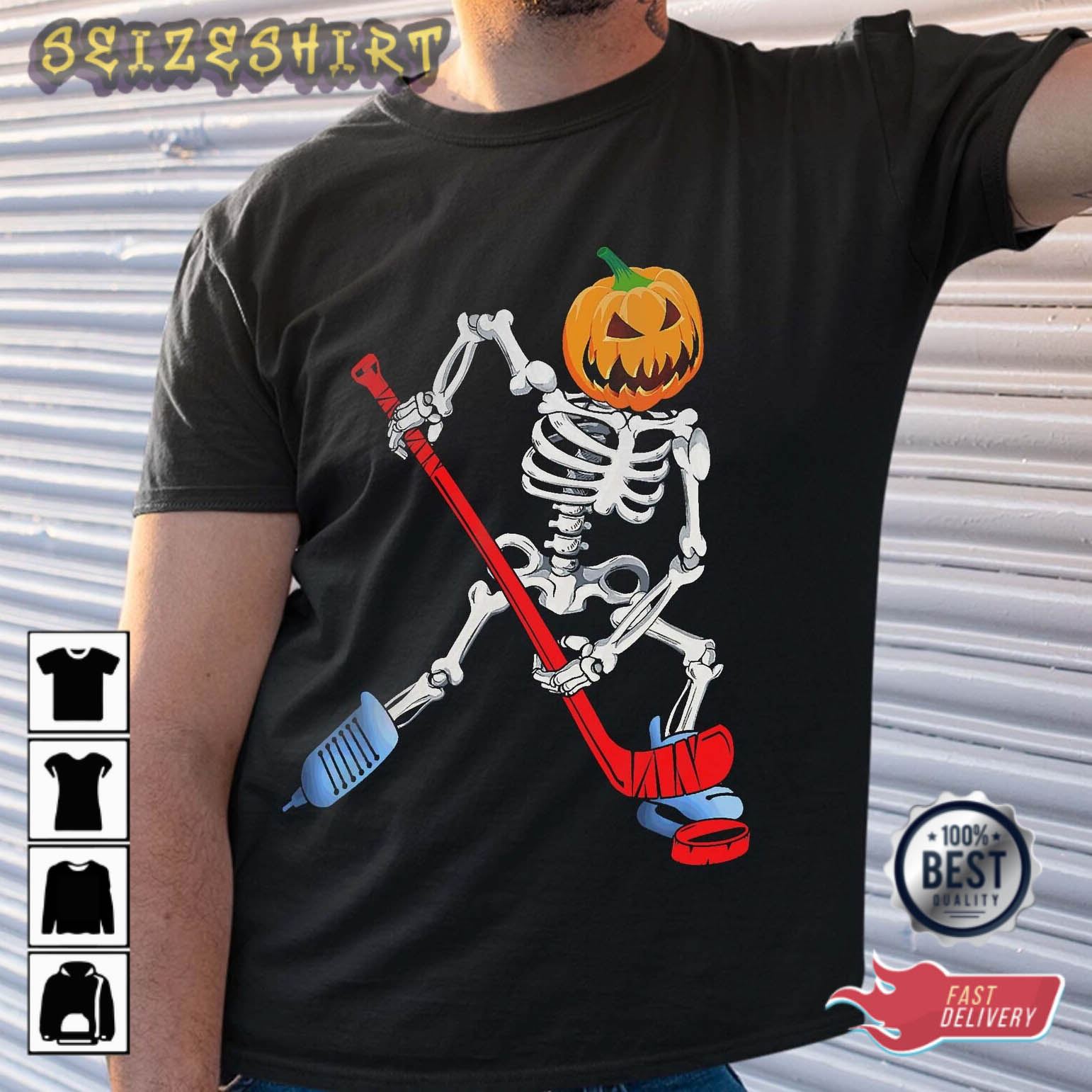 Skeleton Ice Hockey Halloween Pumpkin Hockey T-Shirt