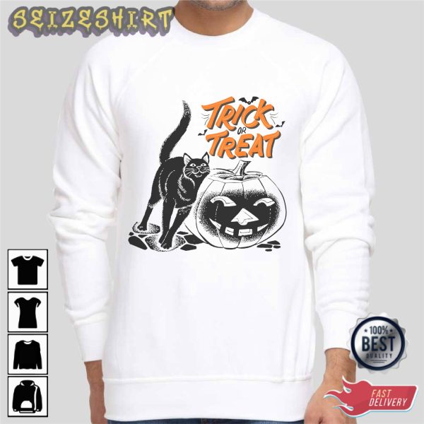 Black Cat Pumpkin Trick Or Treat Halloween Graphic Tee