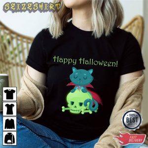 Halloween Cat And Skeleton Graphic Tee
