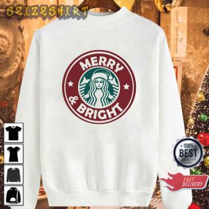 Funny Merry & Bright Starbucks Aesthetic Merry Christmas T-Shirt