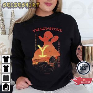 Hiking Camping Retro 90s Yellowstone Sunset Cowboy Silhouette T-Shirt