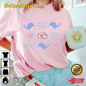 Cute Whale Valentine Gift Ocean Wave Love Letter Valentine's Day T-Shirt