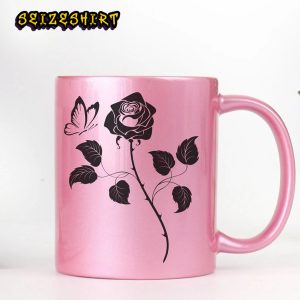 Pink Valentines Metallic Black Rose Floral Butterfly Coffee Mug