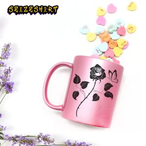 Pink Valentines Metallic Black Rose Floral Butterfly Coffee Mug