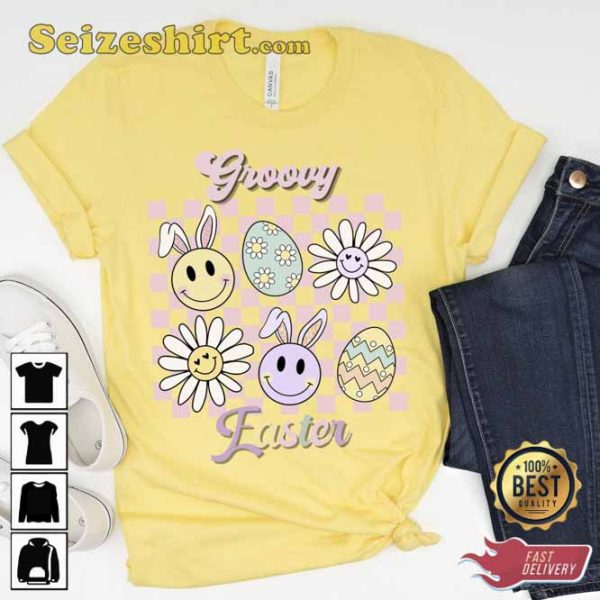 Groovy Easter Vibes Smiley Bunny Carrot Shirt