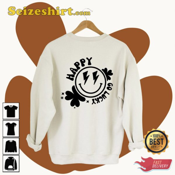 Happy Go Lucky St Patricks Day Back Print Sweatshirt Four Leaf Clover