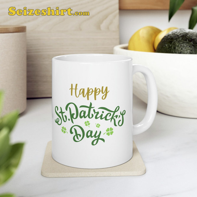 Happy St Patricks Day Mug Green Lucky 4 Leaf Clover Shamrock