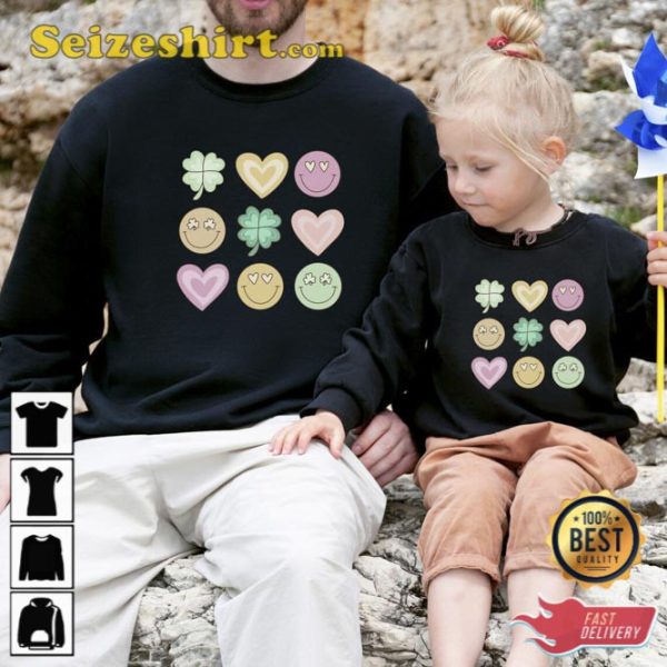 Heart Four Leaf Clover Smile Icon Family St Patricks Day Sweatshirt