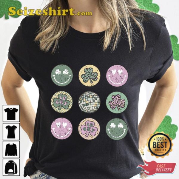 Retro St Patricks Smiley Clover Disco Shirt