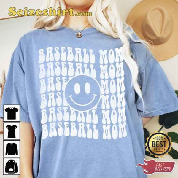 Groovy Smiley Baseball Mom Crewneck T-shirt For Women
