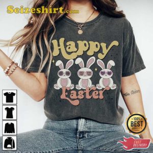 Ladies Christian Easter Shirt Retro Happy Easter Bunny with Heart Glasses