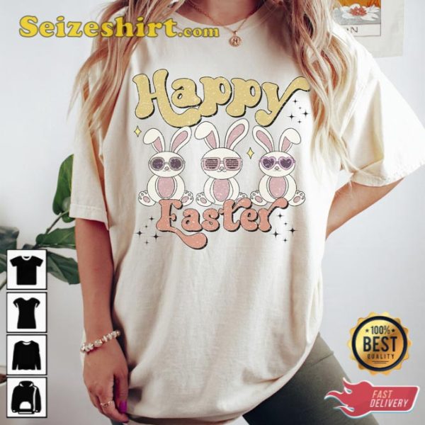 Ladies Christian Easter Shirt Retro Happy Easter Bunny with Heart Glasses