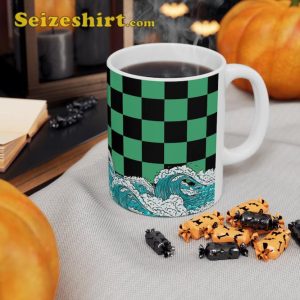 Anime Black and Green Checkered Tanjiro Pattern Ceramic Coffee Mug 3