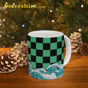 Anime Black and Green Checkered Tanjiro Pattern Ceramic Coffee Mug 4