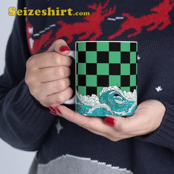 Anime Black and Green Checkered Tanjiro Pattern Ceramic Coffee Mug