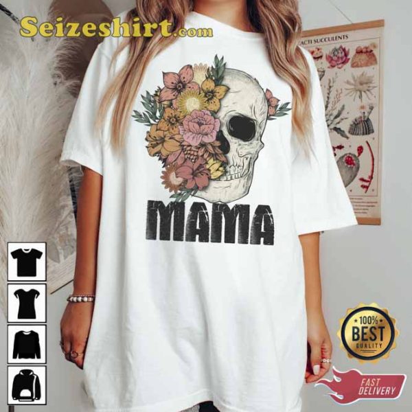 Floral Skull Mama Crewneck Handmade Graphic Tee Shirt