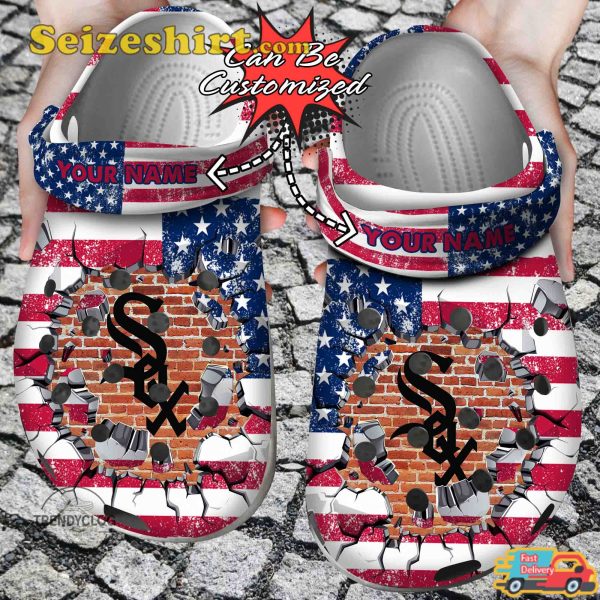 Baseball Personalized Chicago White Sox American Flag Glory in Black and White Comfort Clogs