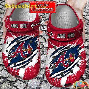 Baseball Personalized Ripped Claw Atlanta Braves Strike with Warrior Spirit Braves Shield Comfort Clogs