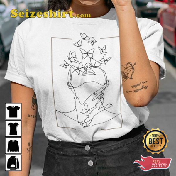 Butterfly Woman Face Line Art Indie Aesthetic T-Shirt