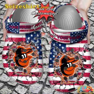 Footwearmerch Baseball Personalized Borioles American Flag Breaking Wall Clog Shoes