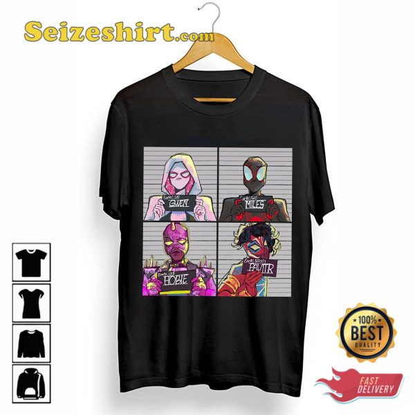 Spiderman Across The Spider-verse Spider Punk Indian Spider Miles Gwen Mugshot Unisex T-Shirt