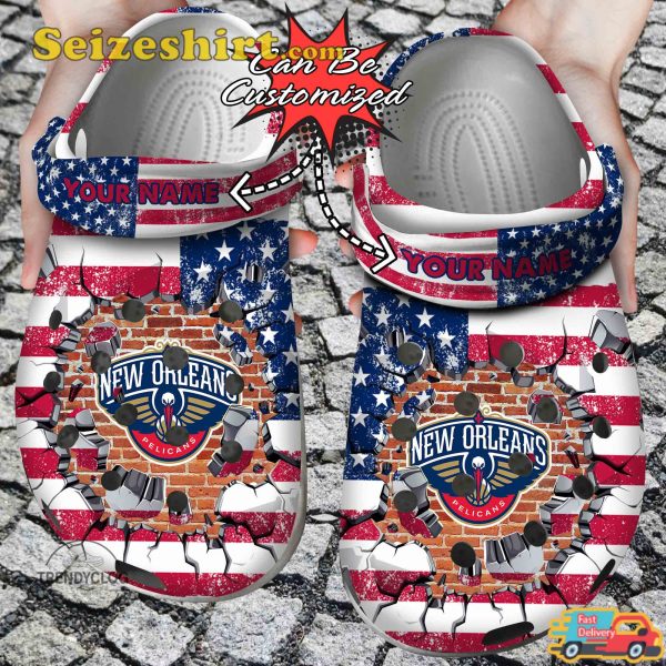 New Orleans Basketball Personalized No Pelicans American Flag Breaking Wall Comfort Clogs