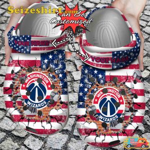 Personalized US Flag Breaking Wall Washington Wizards Shoot for the Moon Celestial Basketball Comfort Clogs