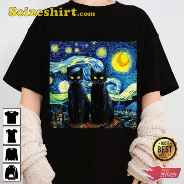 Vincent Van Gogh Starry Night Artwork Black Cats Theme T-Shirt