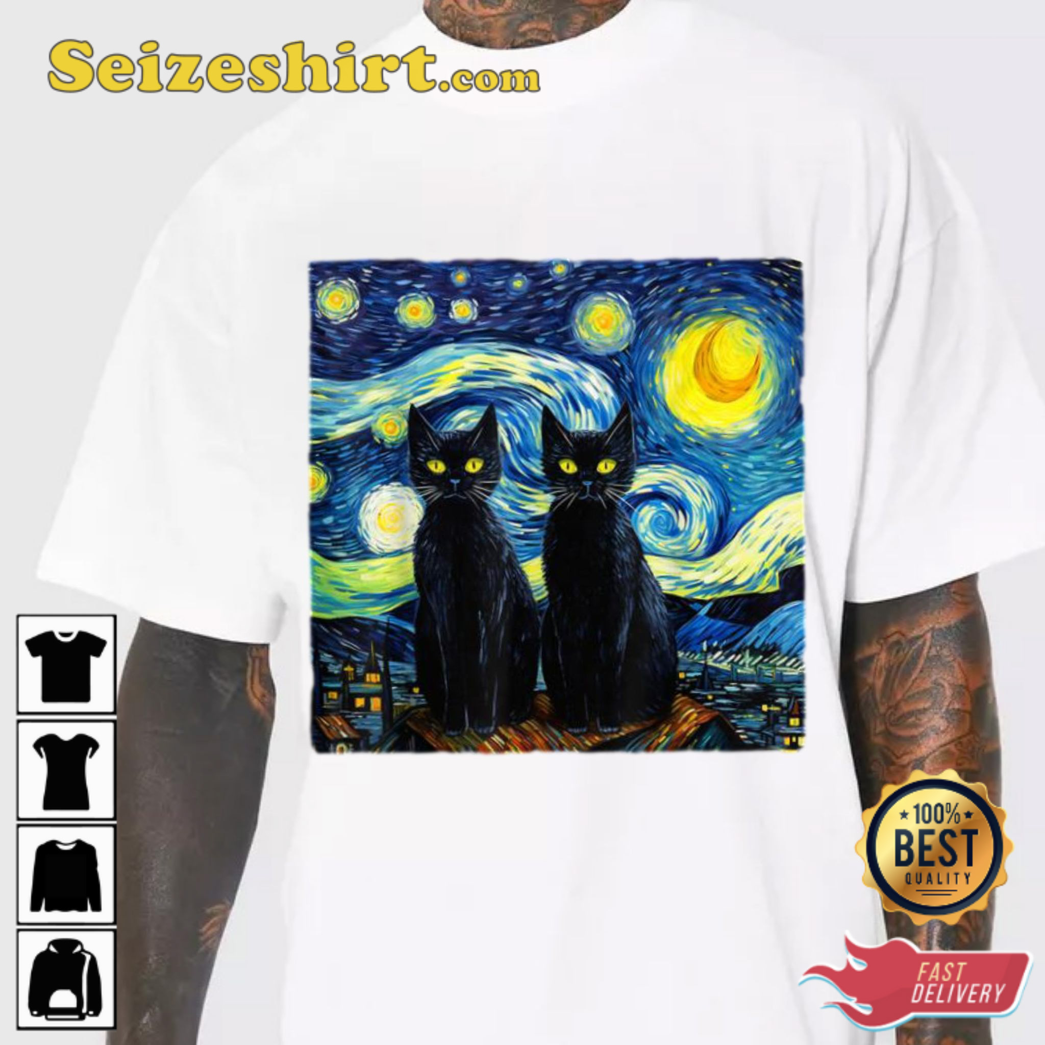Vincent Van Gogh Starry Night Artwork Black Cats Theme T-Shirt