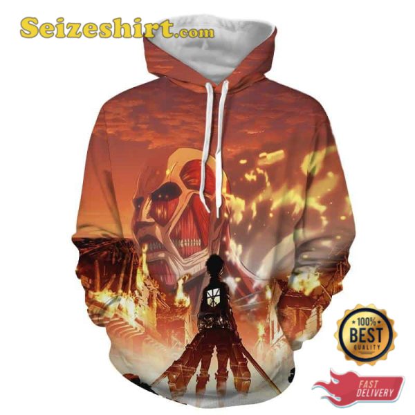 Aot Eren Colossal Titan Burning Survey Corps Orange Hoodie Sweatshirt, T-shirt 3D