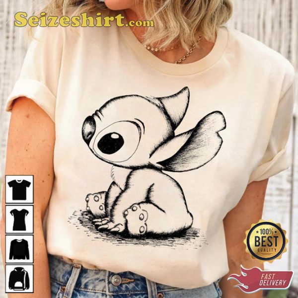 Disney Stitch Sketch Portrait Cute Lilo And Stitch Cartoon T-Shirt