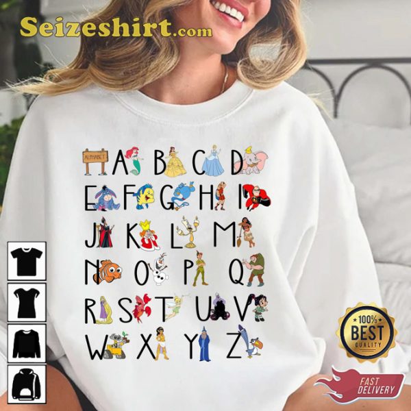 Disney Teacher Alphabet Characters From A To Z Cartoon T-Shirt