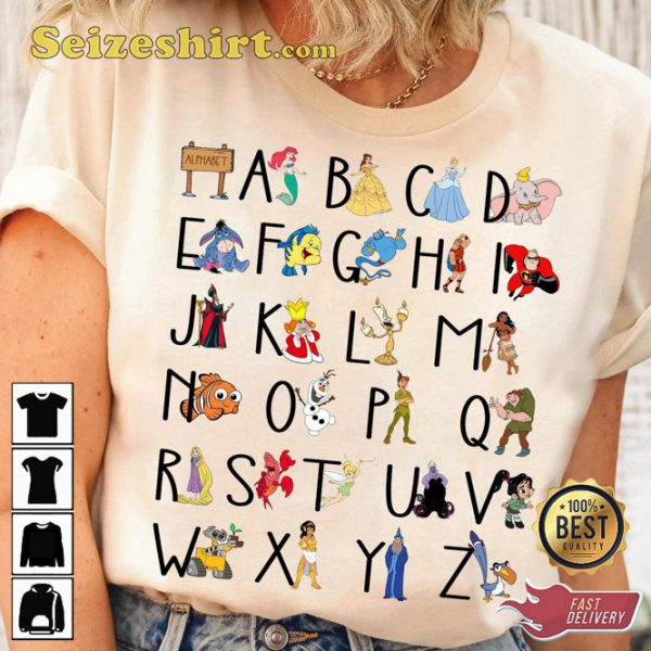 Disney Teacher Alphabet Characters From A To Z Cartoon T-Shirt