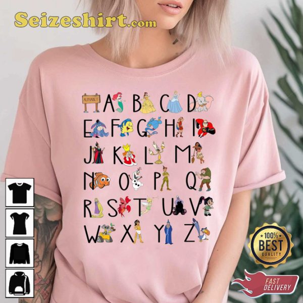 Disney Teacher Alphabet Characters From A To Z Cartoon T-Shirt