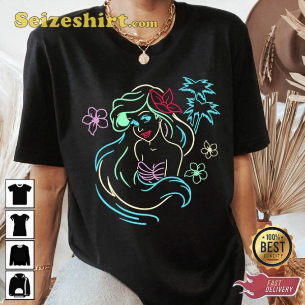 Disney The Little Mermaid Ariel Neon Lights Graphic Cartoon Inspired T-shirt